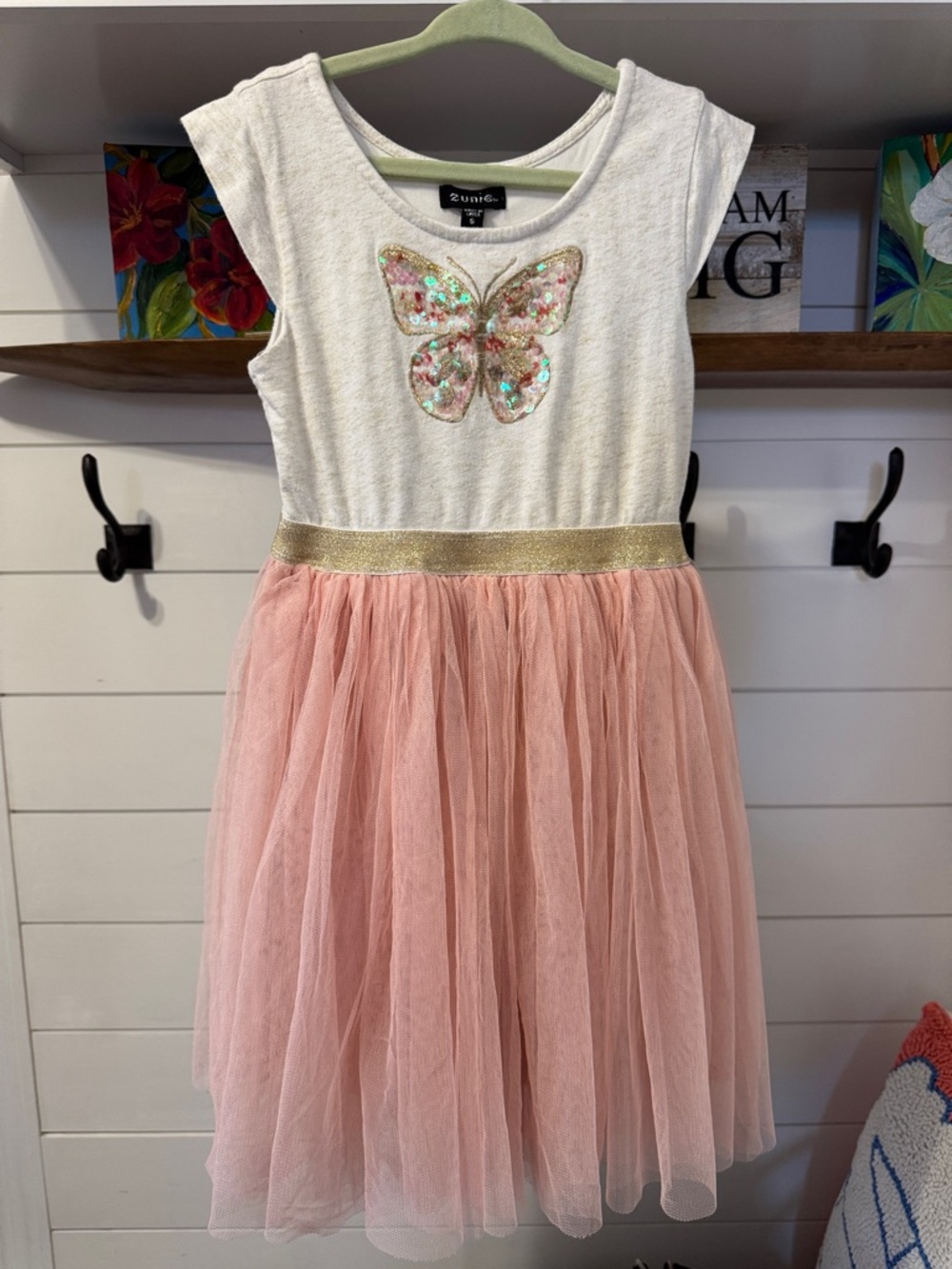Zunie Cream and Pink Tulle Dress with Sequin Butterfly